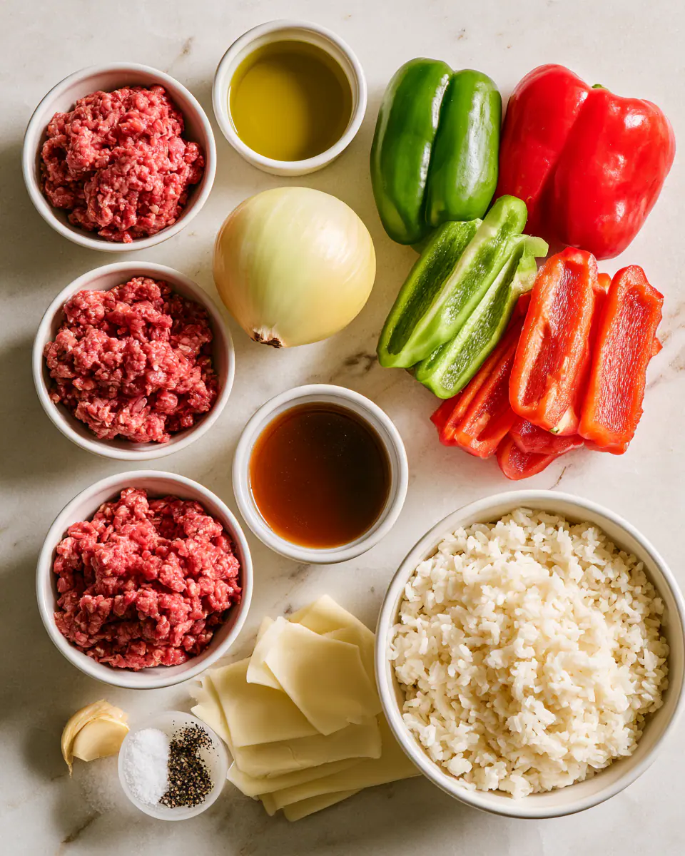 Ingredients for Easy Ground Beef Philly Cheesesteak Bowls | Meal Prep Lunch Ideas