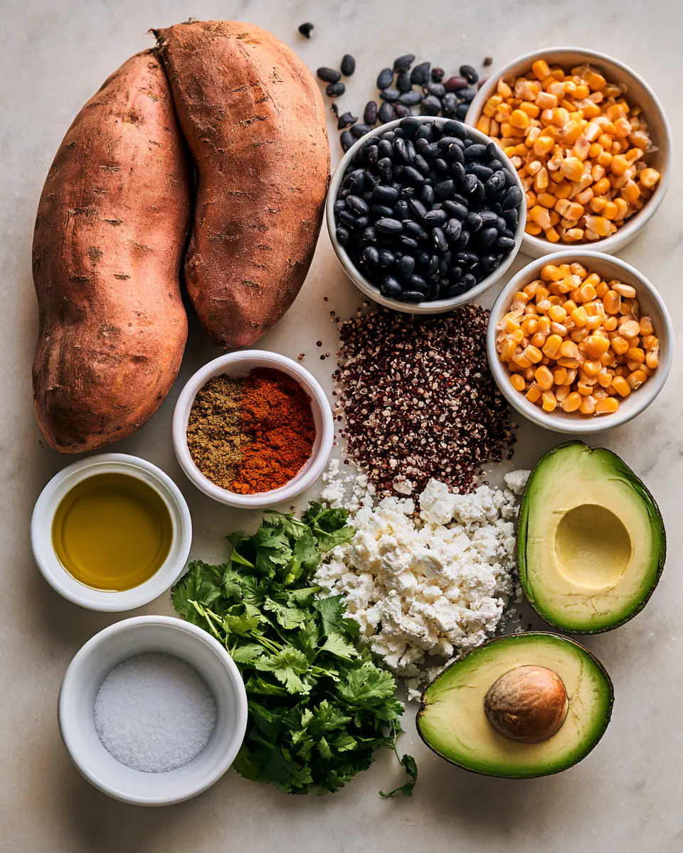 Ingredients for Healthy Sweet Potato Black Bean Bowls | High Fiber Dinner