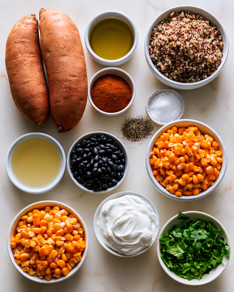 Ingredients for Healthy Sweet Potato Burrito Bowls | Vegetarian High Protein Lunch