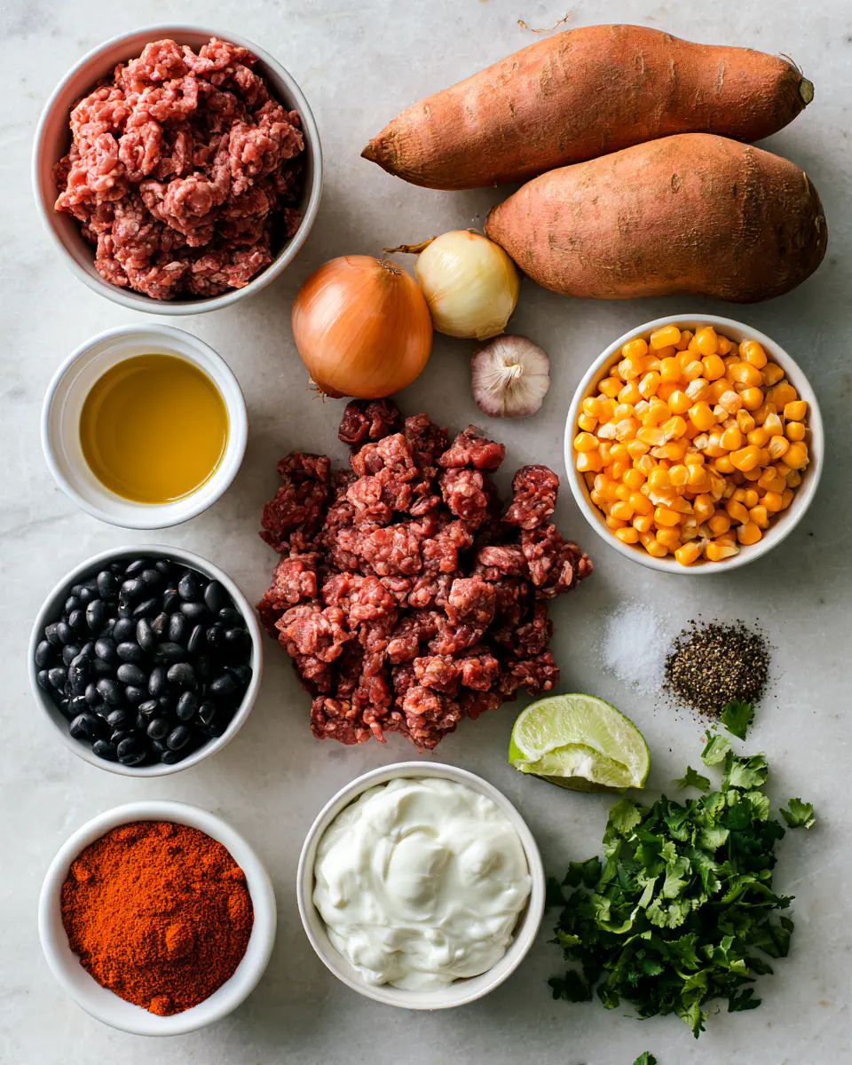 Ingredients for Sweet Potato Ground Beef Bowl | Easy High Protein Dinner
